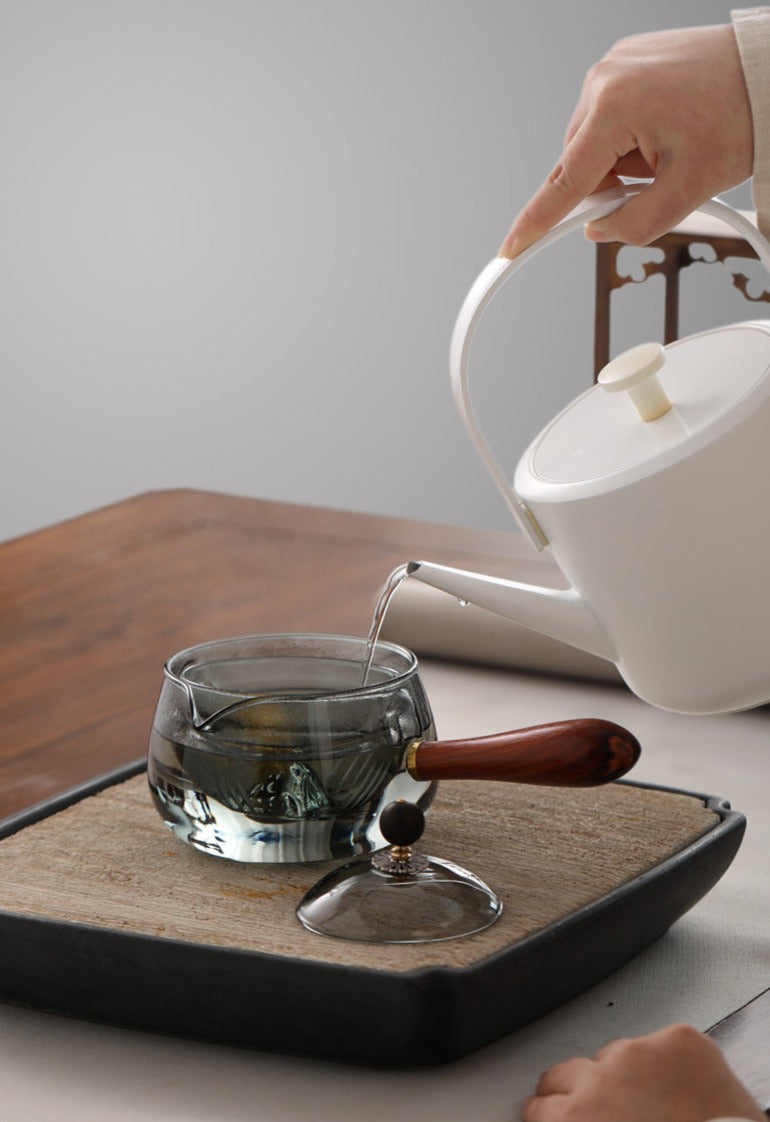 This is a side handle teapot set.this is a 360 rotating glass teapot