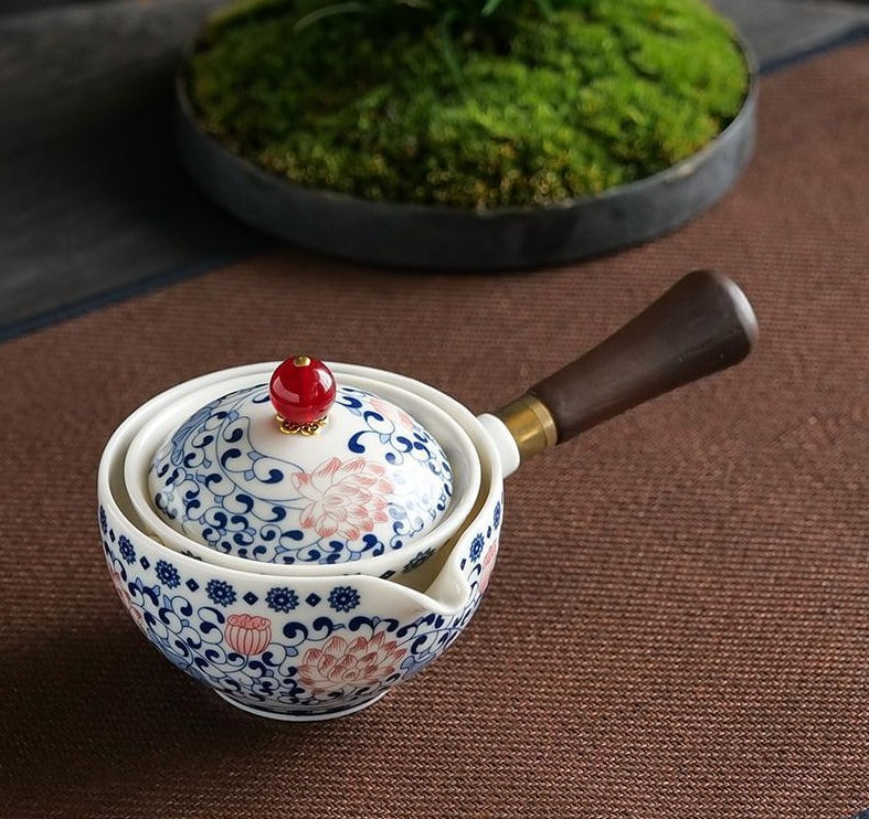 This is a side handle teapot set.this is a 360 rotating ceramic single teapot