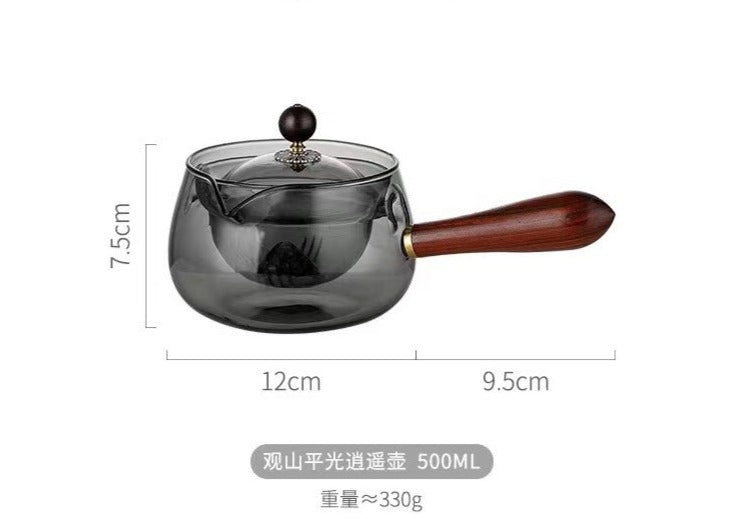 This is a side handle teapot set.this is a 360 rotating glass teapot
