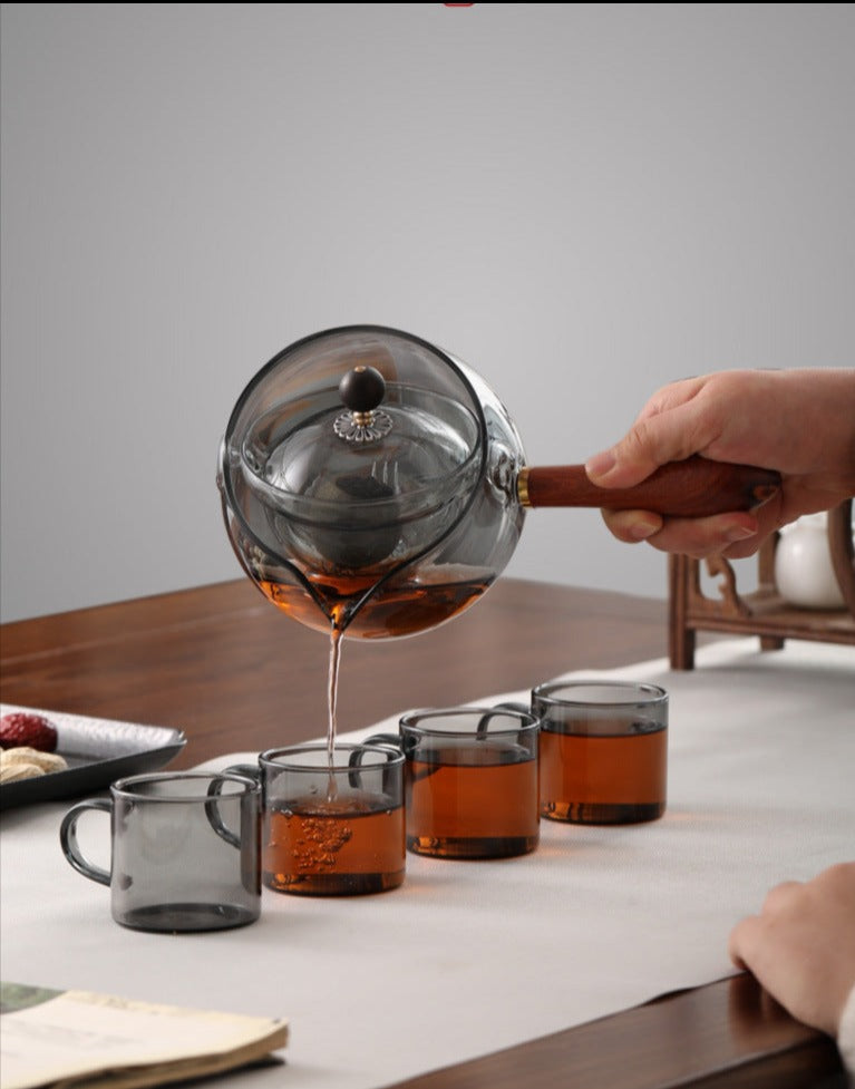 This is a side handle teapot set.this is a 360 rotating glass teapot