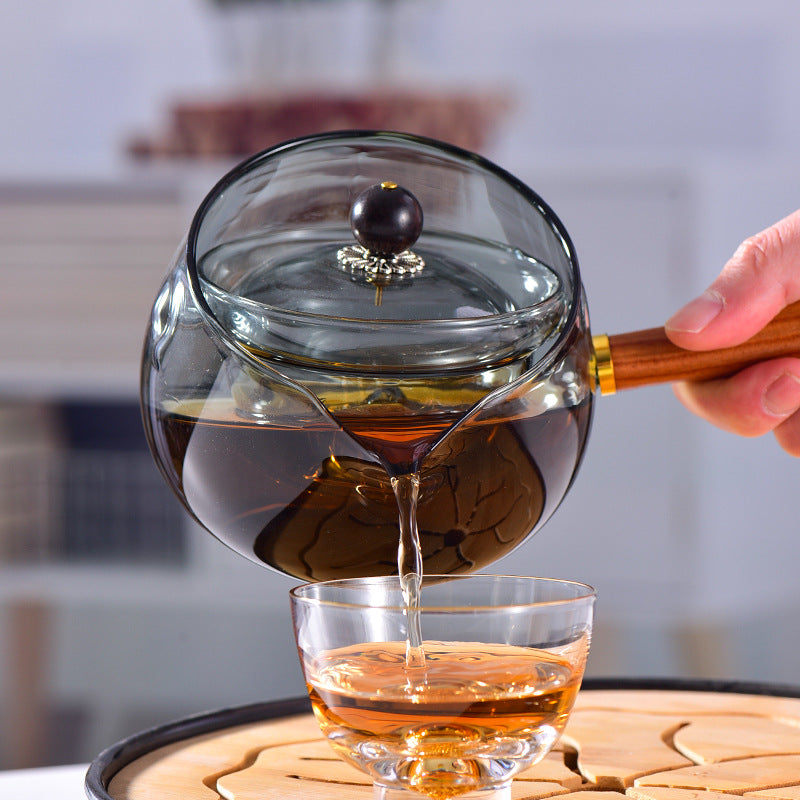 This is a side handle teapot set.this is a 360 rotating glass teapot