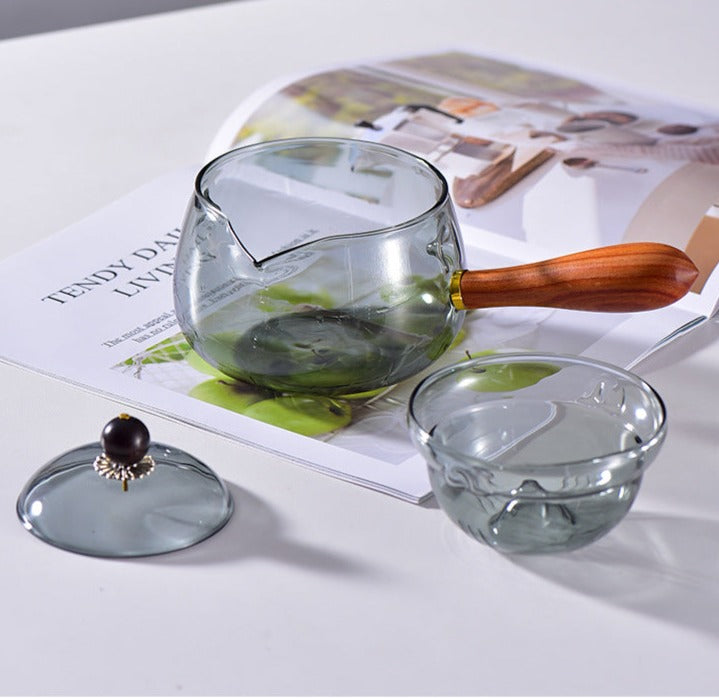 This is a side handle teapot set.this is a 360 rotating glass teapot