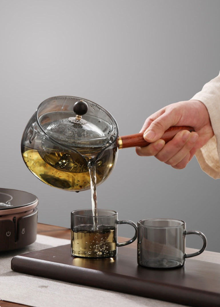 This is a side handle teapot set.this is a 360 rotating glass teapot