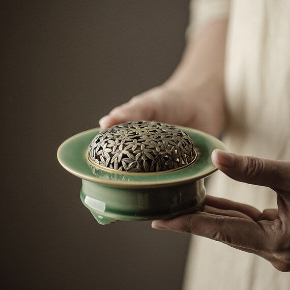 Yue Kiln Plum Celadon Incense Burner with Copper Cover Home Indoor Song Dynasty Style