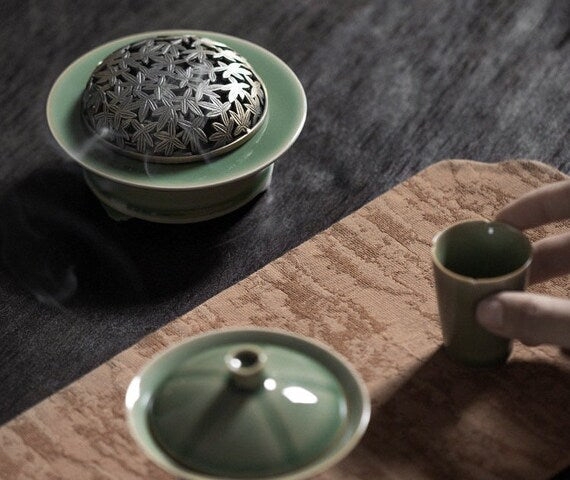 Yue Kiln Plum Celadon Incense Burner with Copper Cover Home Indoor Song Dynasty Style