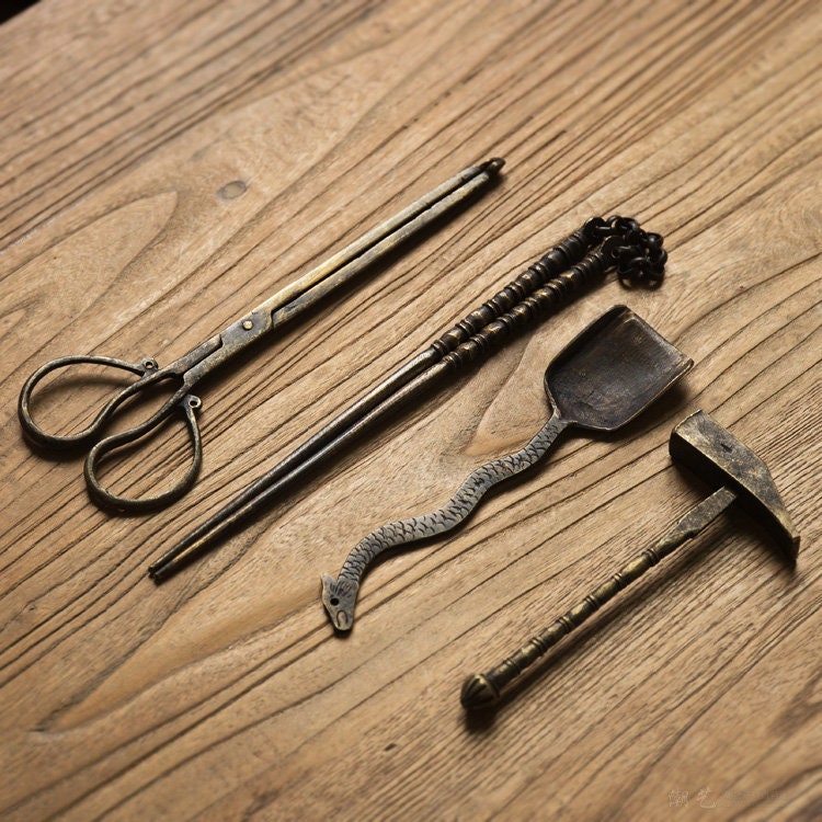 Handmade Copper Gongfu Stove Fire Chopsticks Shovel Hammer Brass Chopsticks Traditinal Chinese Charcoal Chopsticks Set