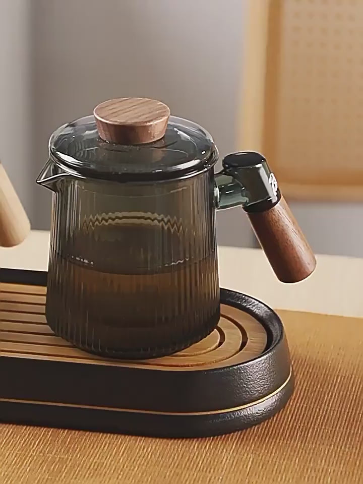 This is a glass teapot travel set
