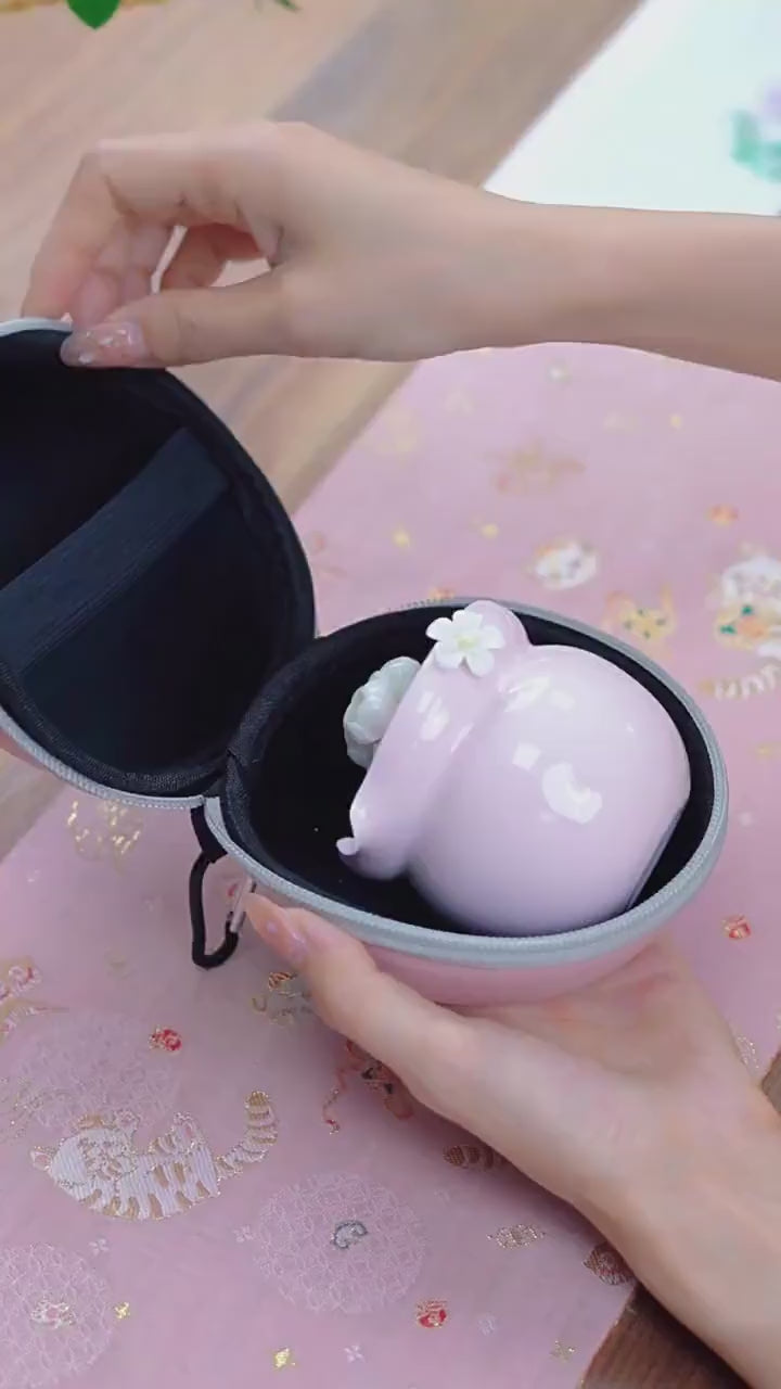 This is a ceramic teapot travel set