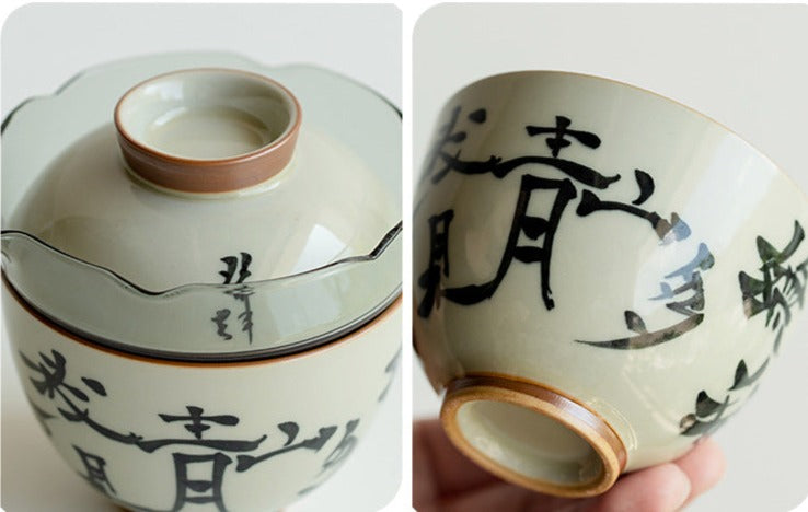 Original Grass Gray Pure Handwritten Chinese Caligraphy Ceramic Teapot Gaiwan Set One Pot Two Cups Portable Storage Travel Tea Set