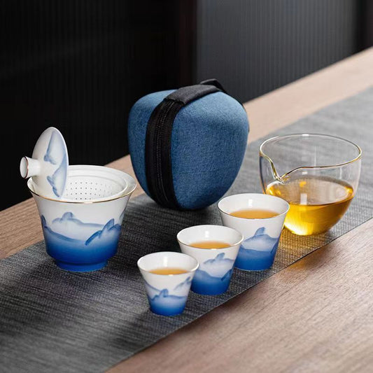 This is a ceramic gaiwan teapot travel set