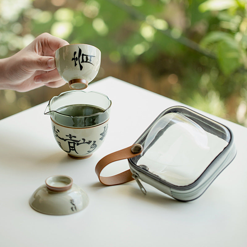 Original Grass Gray Pure Handwritten Chinese Caligraphy Ceramic Teapot Gaiwan Set One Pot Two Cups Portable Storage Travel Tea Set