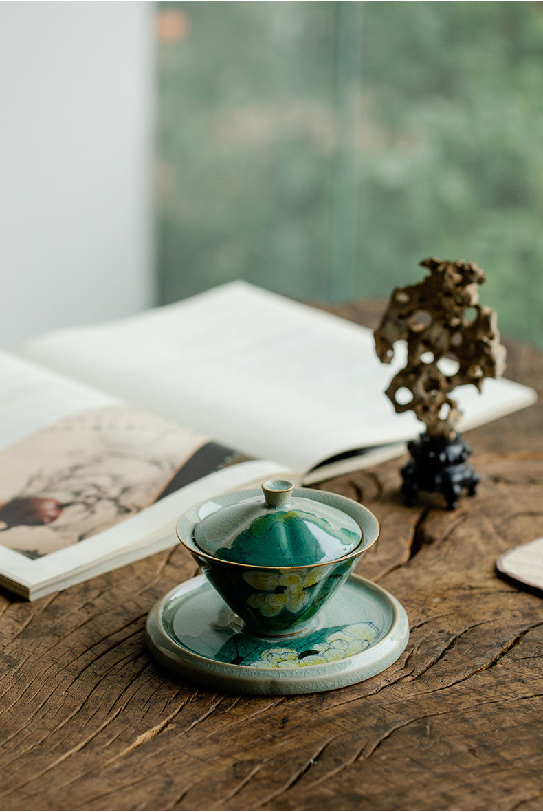 Handmade Iced Crackled Teapot Handpainted Lotus Teapot Chinese Master Ceramic Teaware Set Kungfu Tea Ceramony