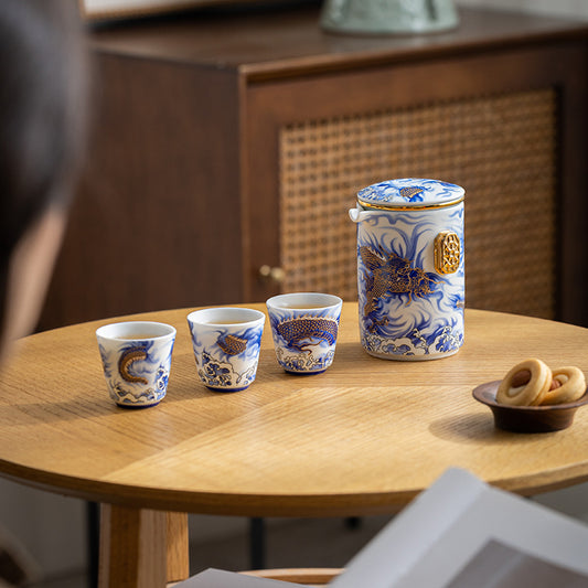Handmade Original Blue Teapot Chinese Dragon Teaset Ceramic One Pot Three Cups Portable Storage Travel Tea Set Small Set