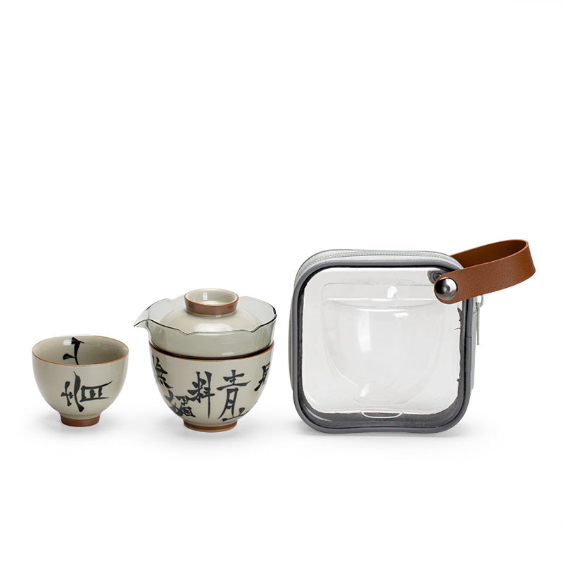 Original Grass Gray Pure Handwritten Chinese Caligraphy Ceramic Teapot Gaiwan Set One Pot Two Cups Portable Storage Travel Tea Set