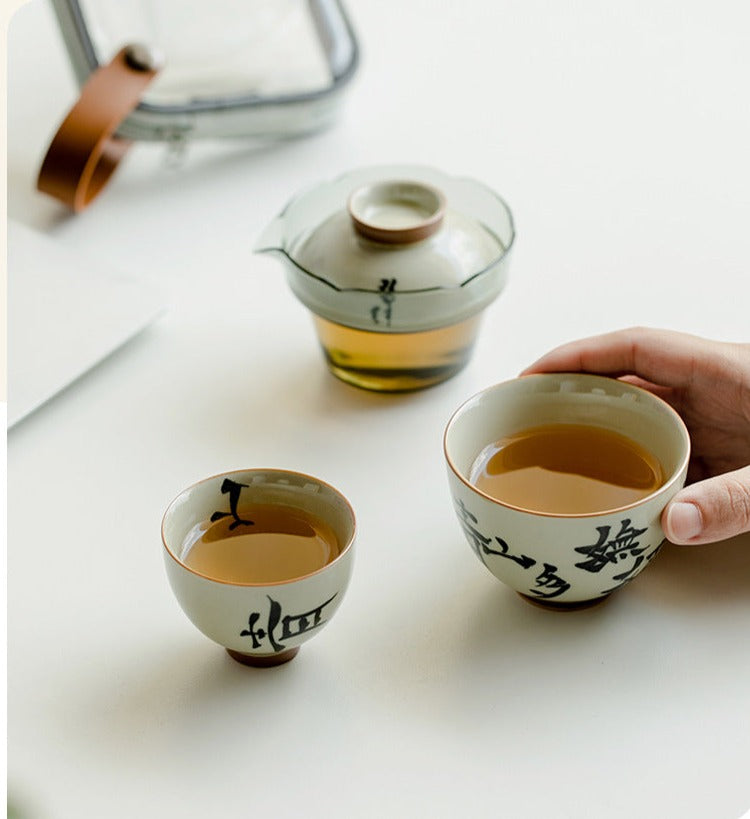 Original Grass Gray Pure Handwritten Chinese Caligraphy Ceramic Teapot Gaiwan Set One Pot Two Cups Portable Storage Travel Tea Set