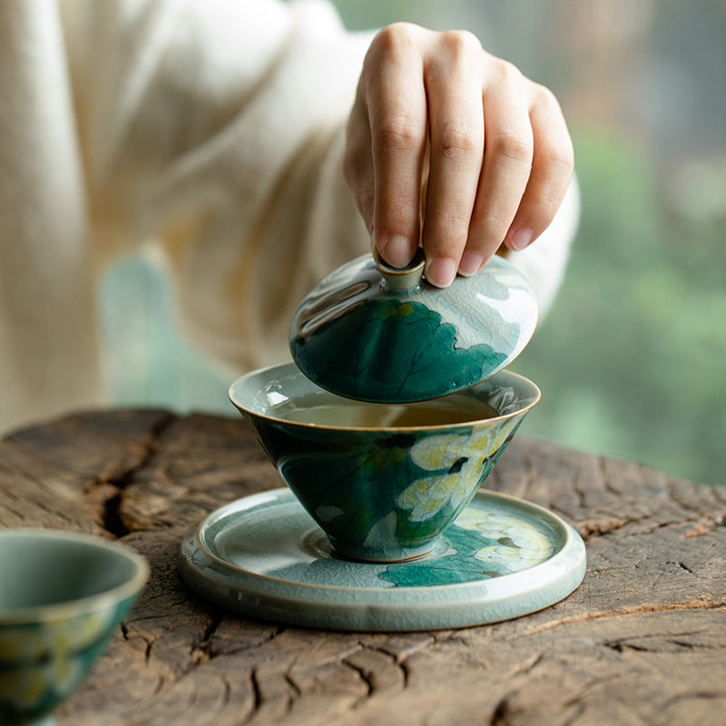 Handmade Iced Crackled Teapot Handpainted Lotus Teapot Chinese Master Ceramic Teaware Set Kungfu Tea Ceramony