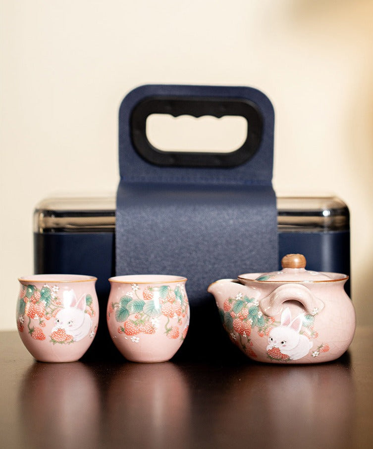 Chinese Ru Kiln Pink Pot Original Design Antique Song Dynasty Style Teapot One Pot Two Cups Portable Storage Travel Tea Set Small Set