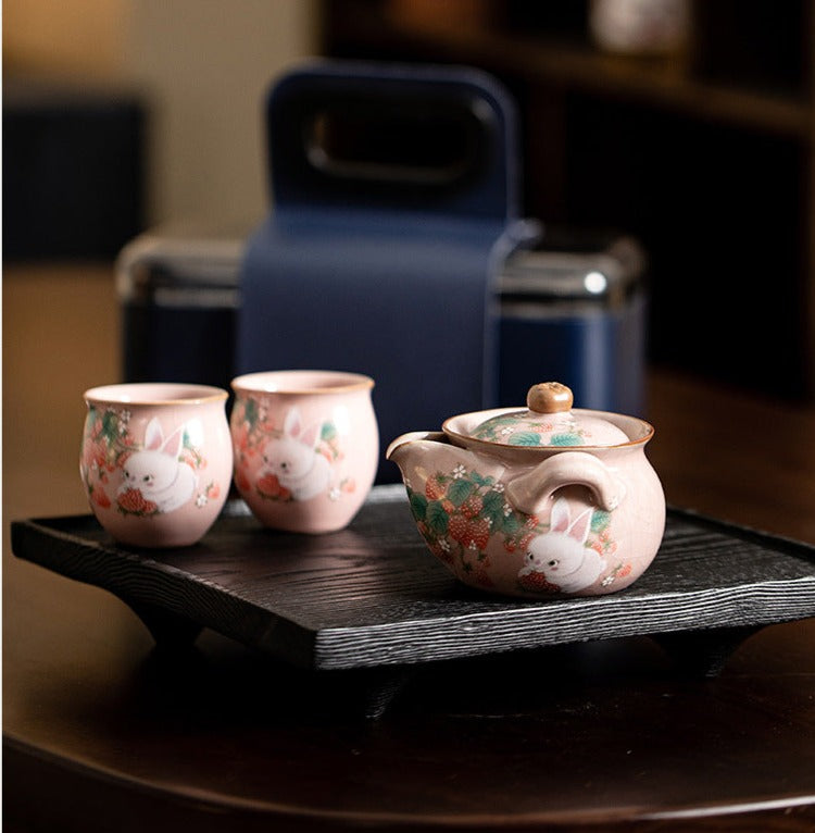 Chinese Ru Kiln Pink Pot Original Design Antique Song Dynasty Style Teapot One Pot Two Cups Portable Storage Travel Tea Set Small Set