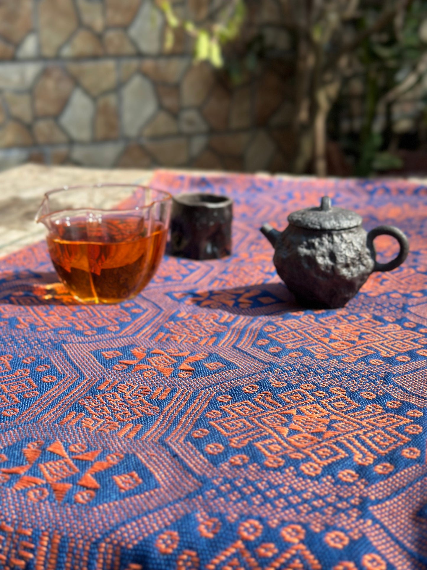 High-end Handcrafted Python Dragon Pattern Chinese Blue Orange Zhuang Brocade Silk Cloth Scarf Tea Table Cloth