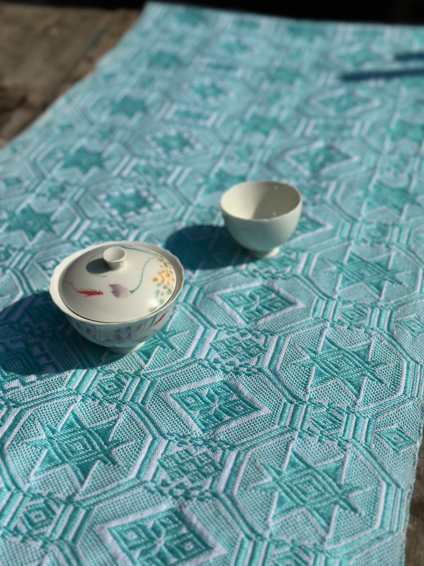 High-end Handcrafted Anise Pattern Chinese Glacier Blue Pattern Zhuang Brocade Silk Cloth Scarf Tea Table Cloth