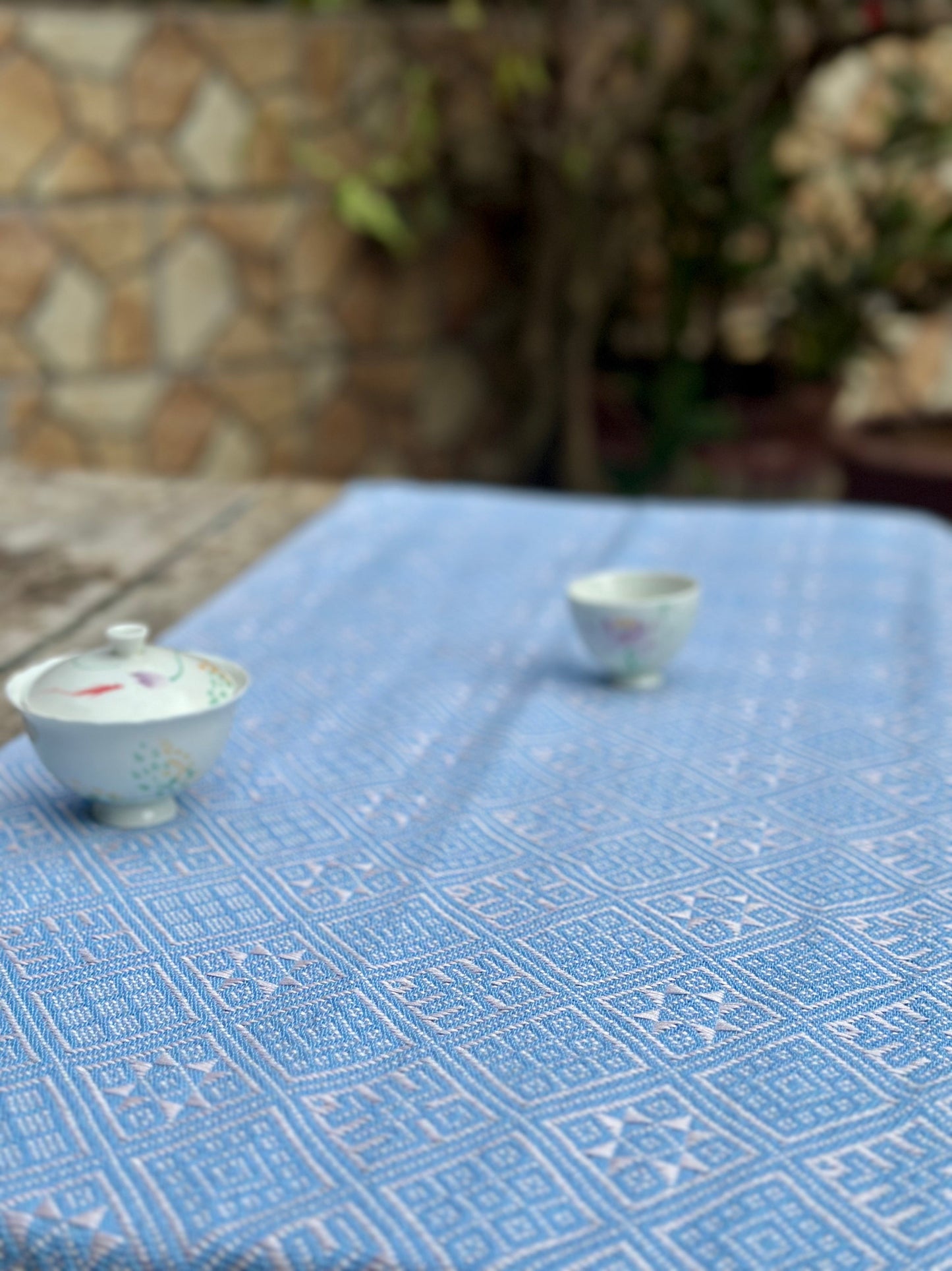 High-end Handcrafted  Swallow Field Anise Pattern Chinese Blue white Zhuang Brocade Silk Cloth Scarf Tea Table Cloth