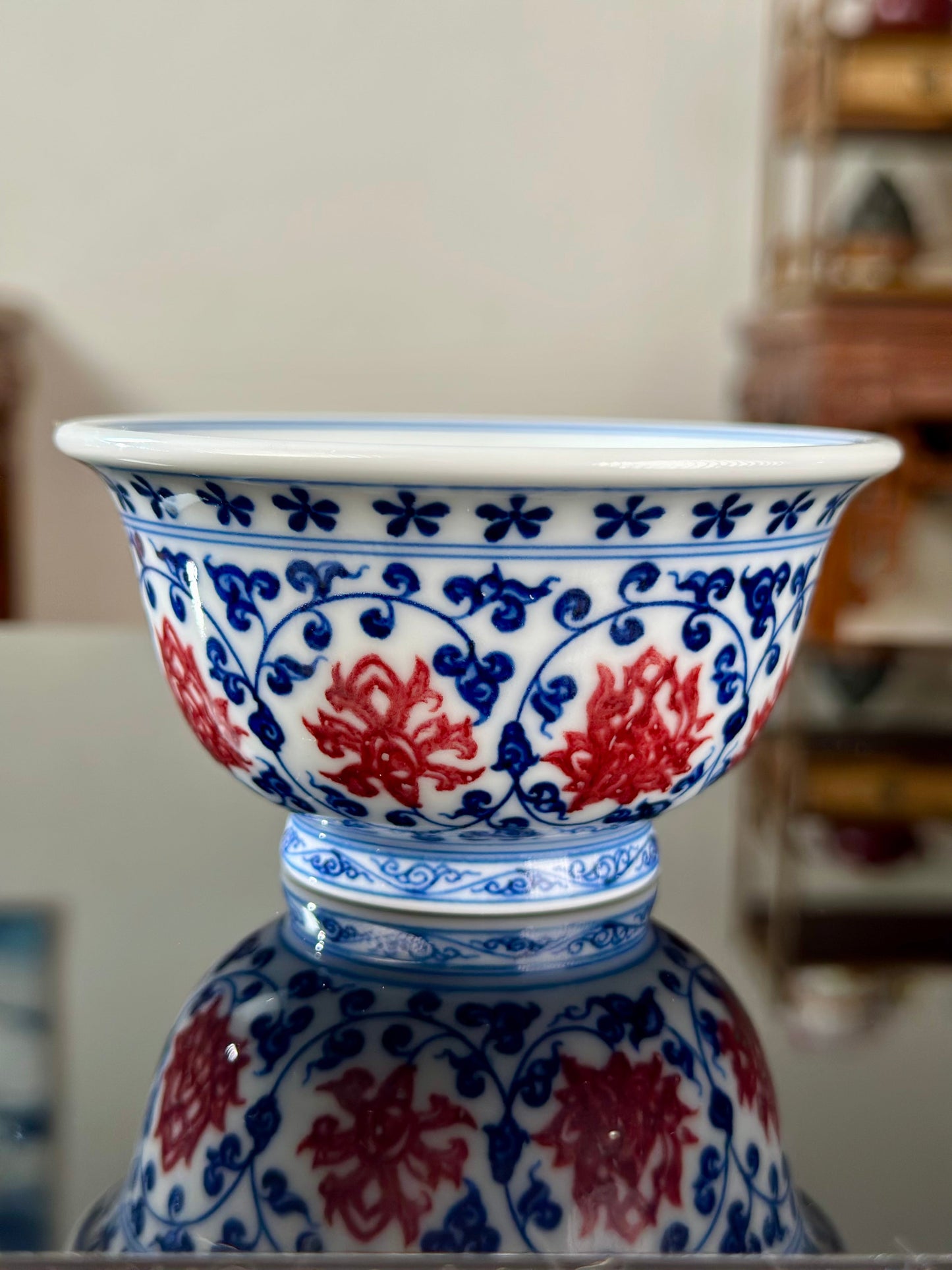 Handpainted Chinese Traditional Lotus and Twined Stem Pattern Blue and White Underglaze Red Youlihong Porcelain Jingdezhen