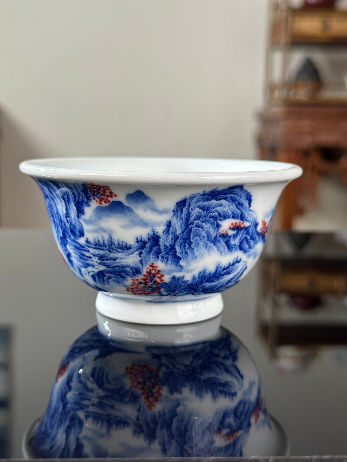 Handpainted Chinese Blue and White Underglaze Red Youlihong Porcelain Jingdezhen Mountain Landscape Pattern Teacup