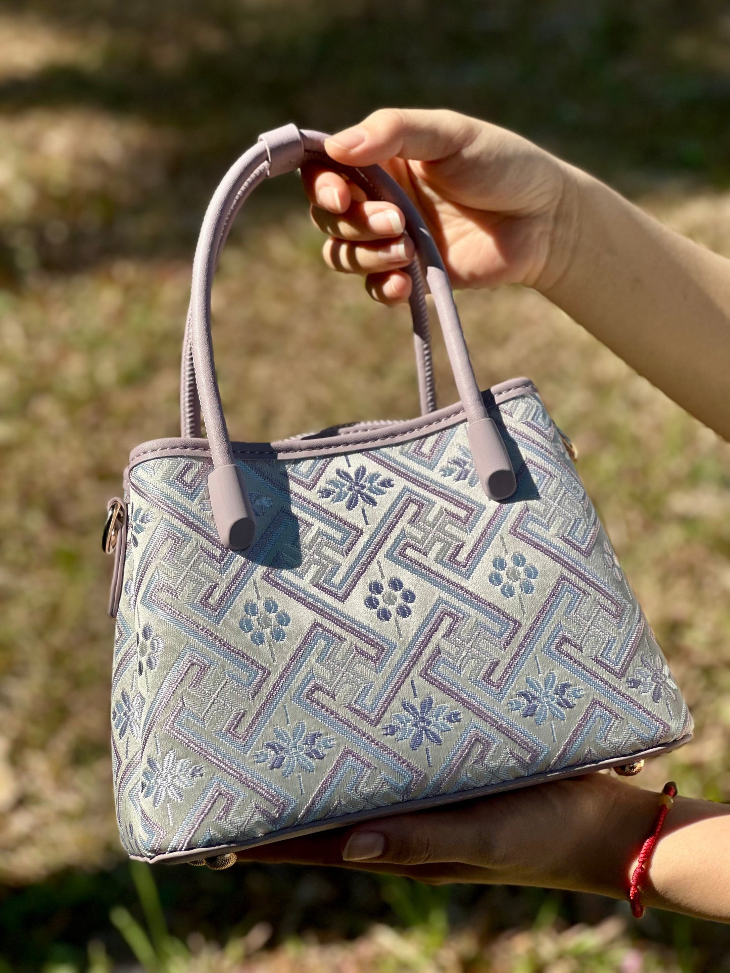 Handmade Chinese High-class Zhuang Brocade Wanji Pattern Classic Purple Handle Bag