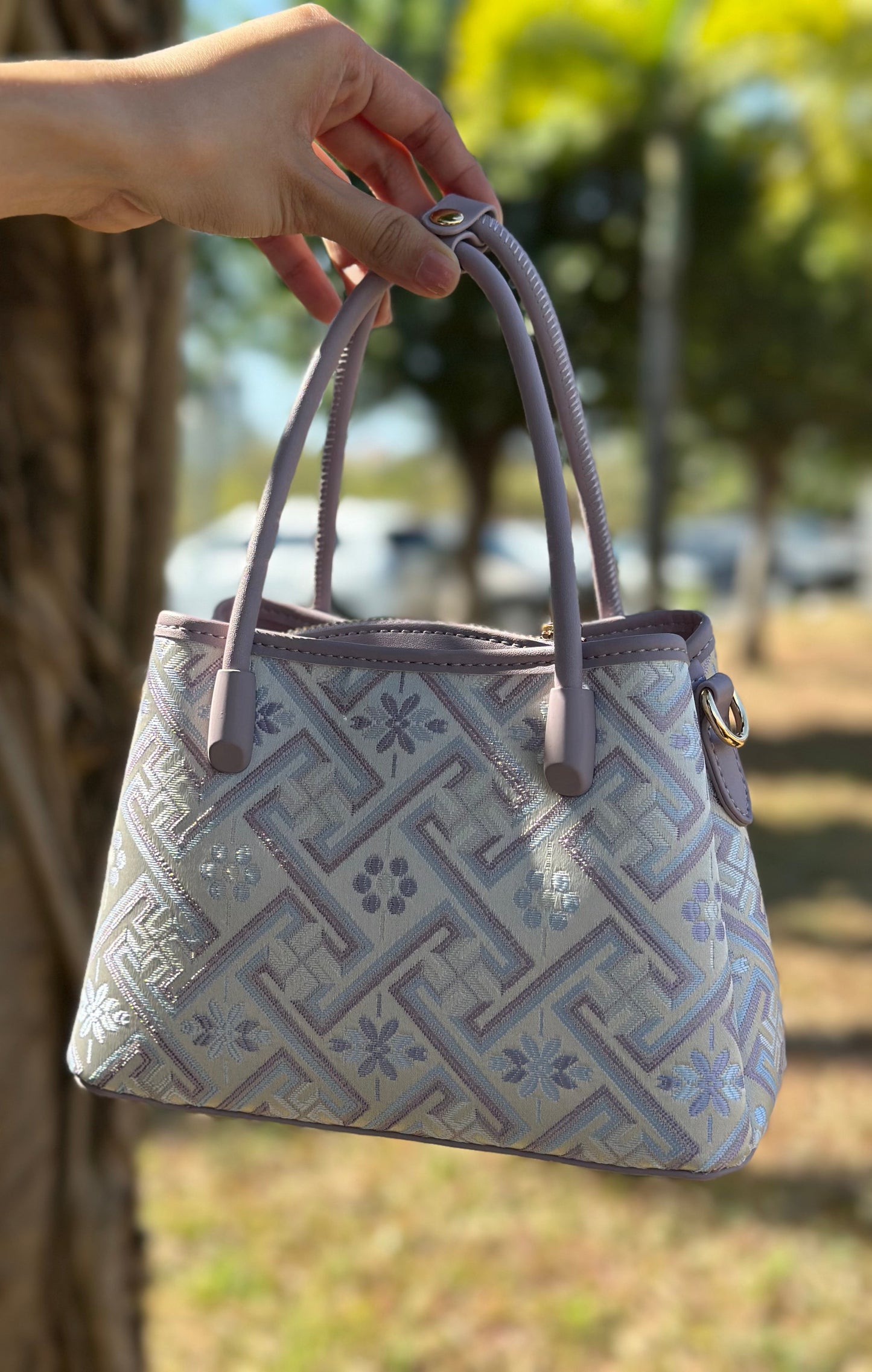 Handmade Chinese High-class Zhuang Brocade Wanji Pattern Classic Purple Handle Bag