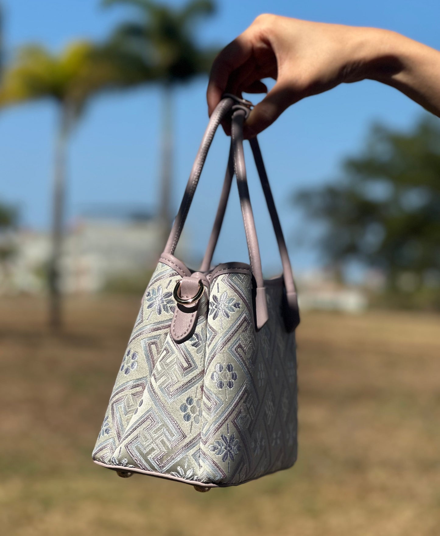 Handmade Chinese High-class Zhuang Brocade Wanji Pattern Classic Purple Handle Bag