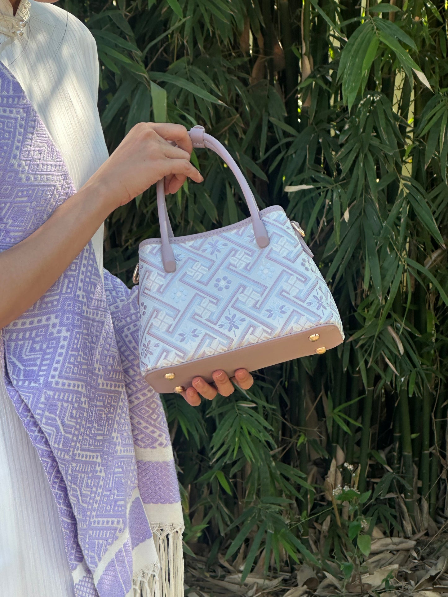 Handmade Chinese High-class Zhuang Brocade Wanji Pattern Classic Purple Handle Bag