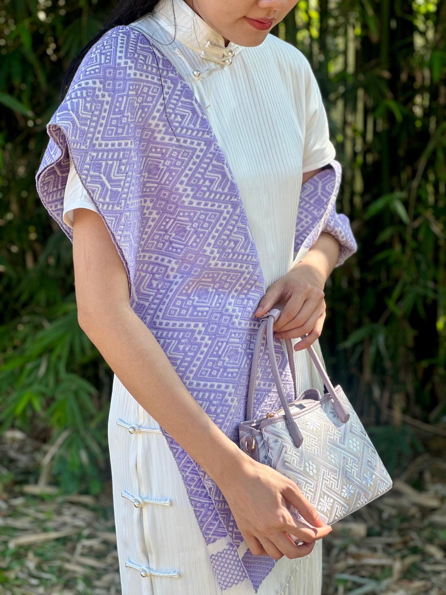 Handmade Chinese High-class Zhuang Brocade Wanji Pattern Classic Purple Handle Bag