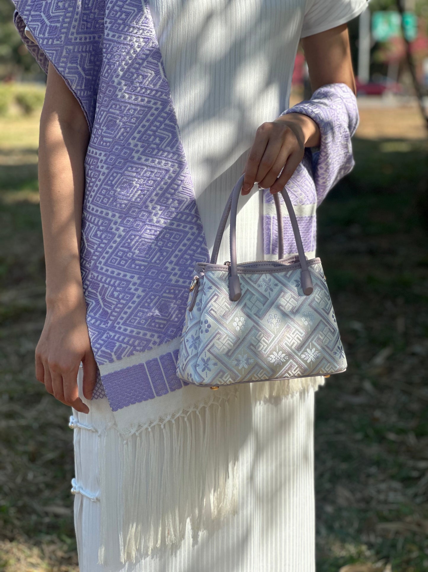 Handmade Chinese High-class Zhuang Brocade Wanji Pattern Classic Purple Handle Bag
