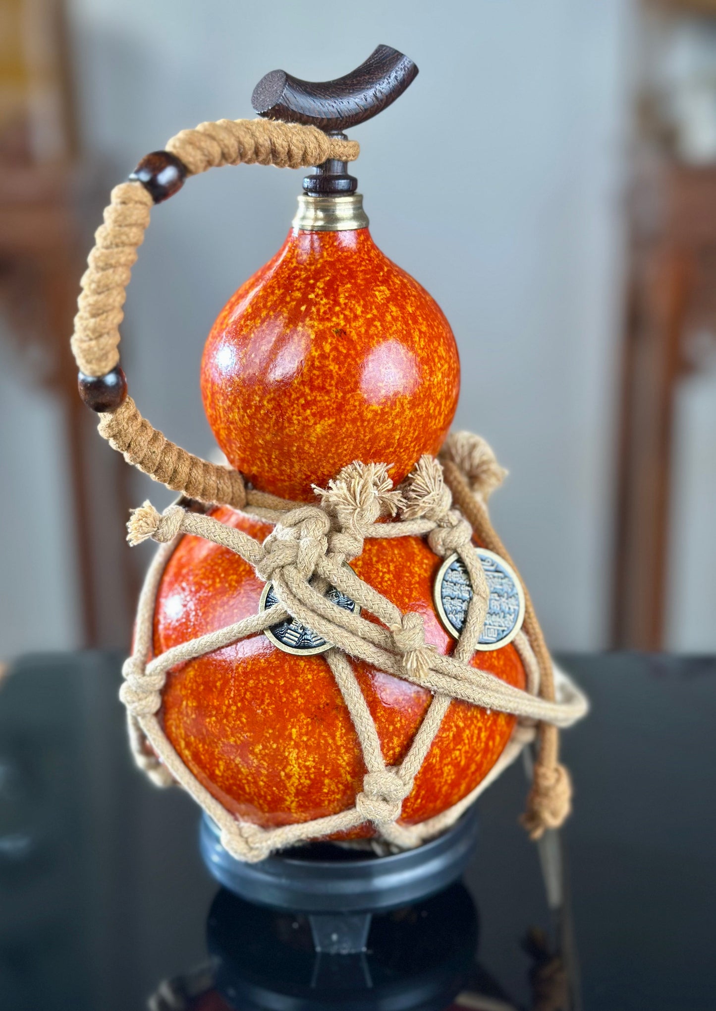 Hand dyed Orange Chinese Lacquerware Hulu Natural Gourd Water Tea Container Classical Home Decor