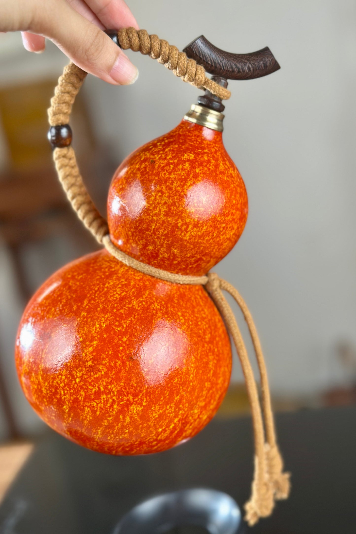 Hand dyed Orange Chinese Lacquerware Hulu Natural Gourd Water Tea Container Classical Home Decor
