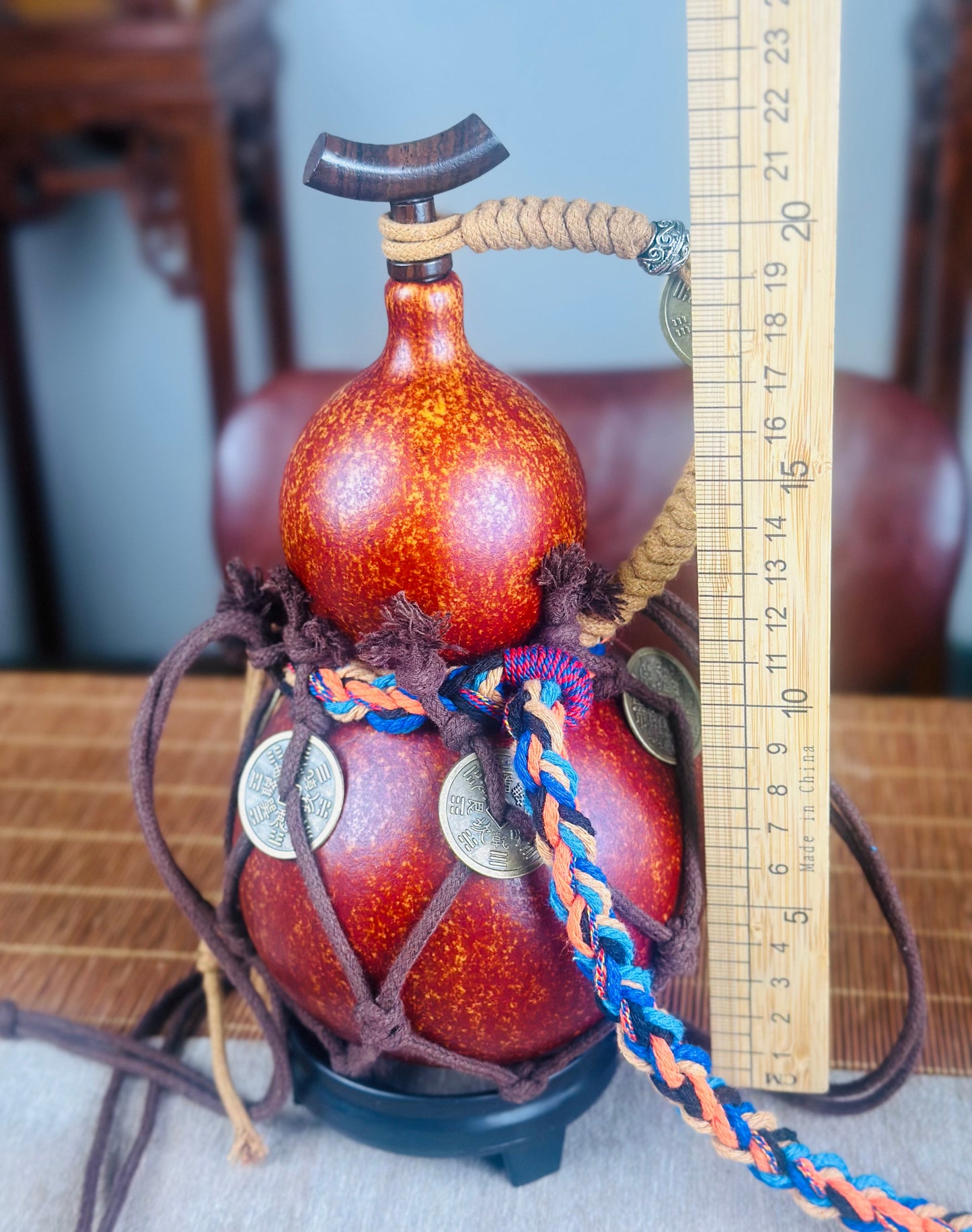 Hand dyed Brown Chinese Lacquerware Hulu Natural Gourd Water Tea Container Classical Home Decor