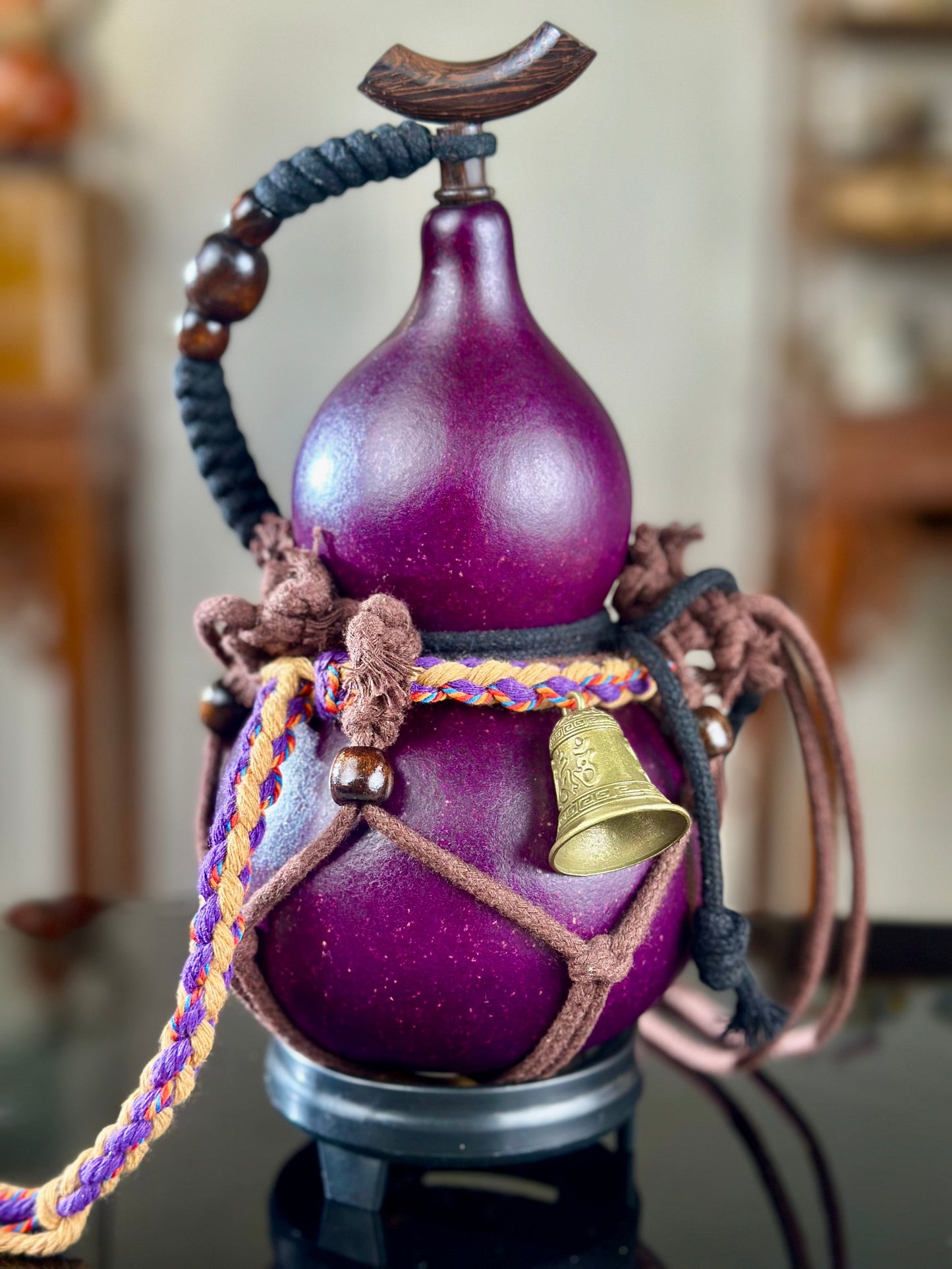 Hand dyed Royal Purple Chinese Lacquerware Fengshui Ornament Hulu Natural Gourd Water Tea Container Classical Home Decor