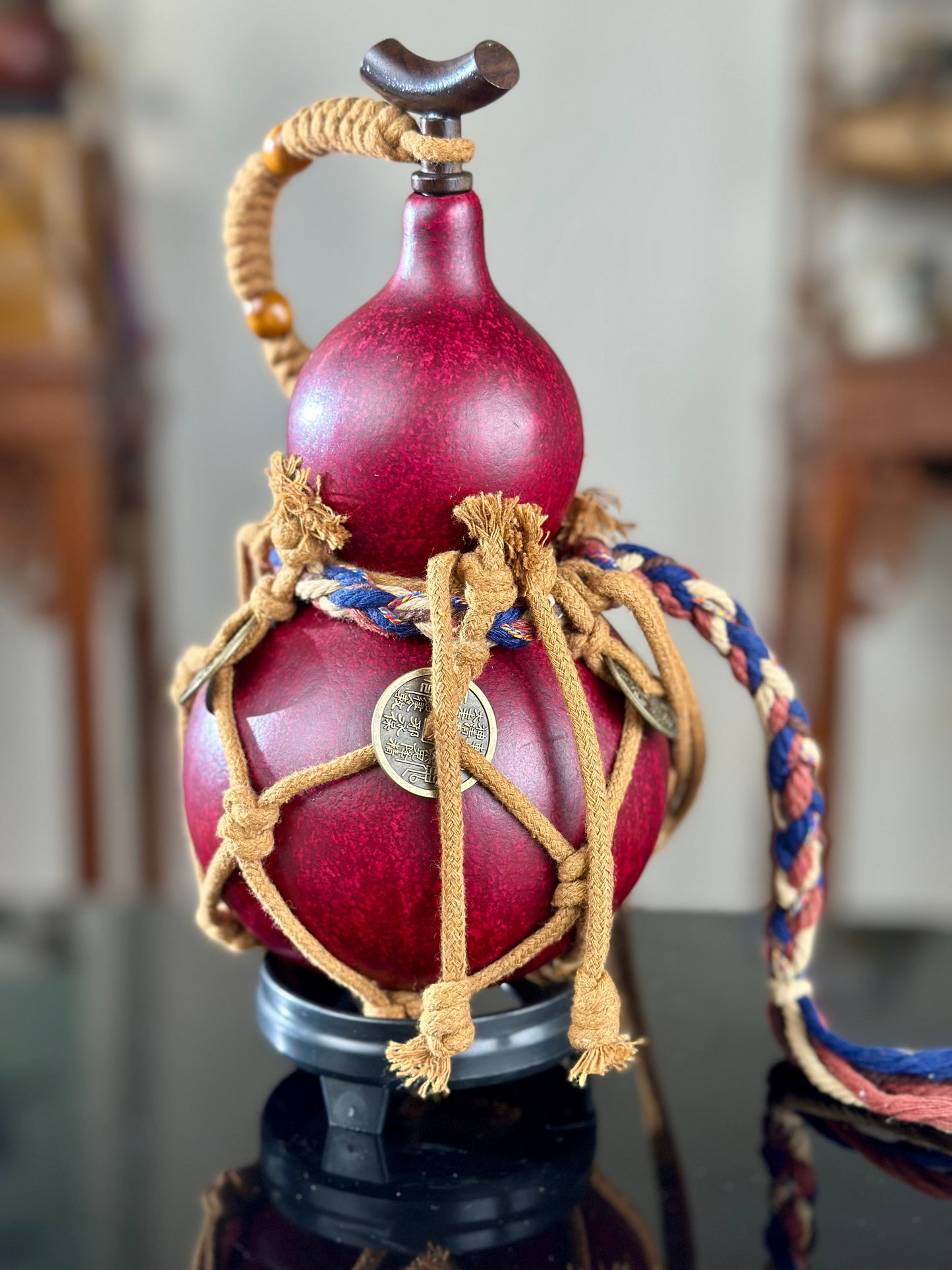 Hand dyed Golden Chinese Lacquerware Fengshui Ornament Hulu Natural Gourd Water Tea Container Classical Home Decor