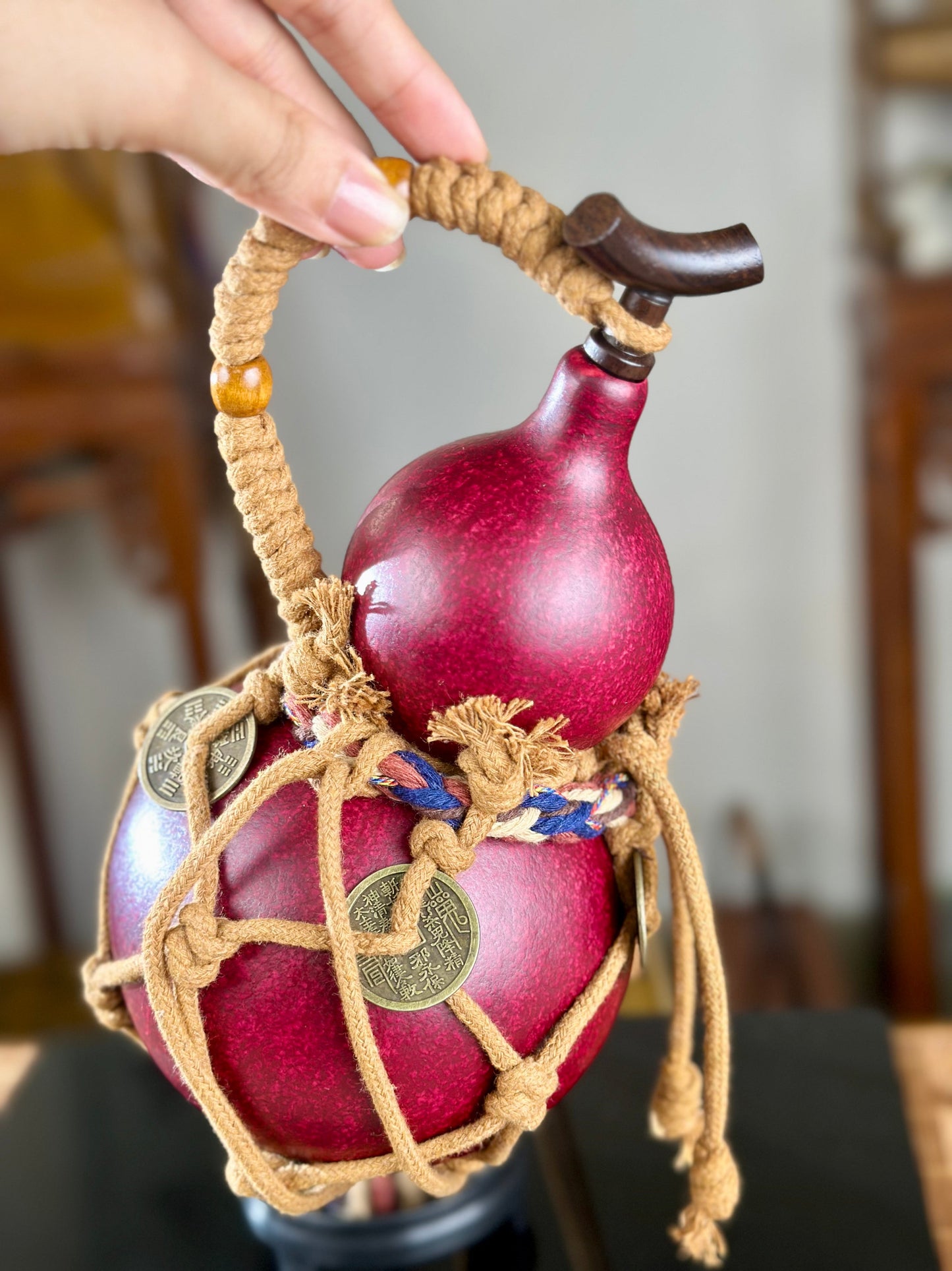 Hand dyed Golden Chinese Lacquerware Fengshui Ornament Hulu Natural Gourd Water Tea Container Classical Home Decor