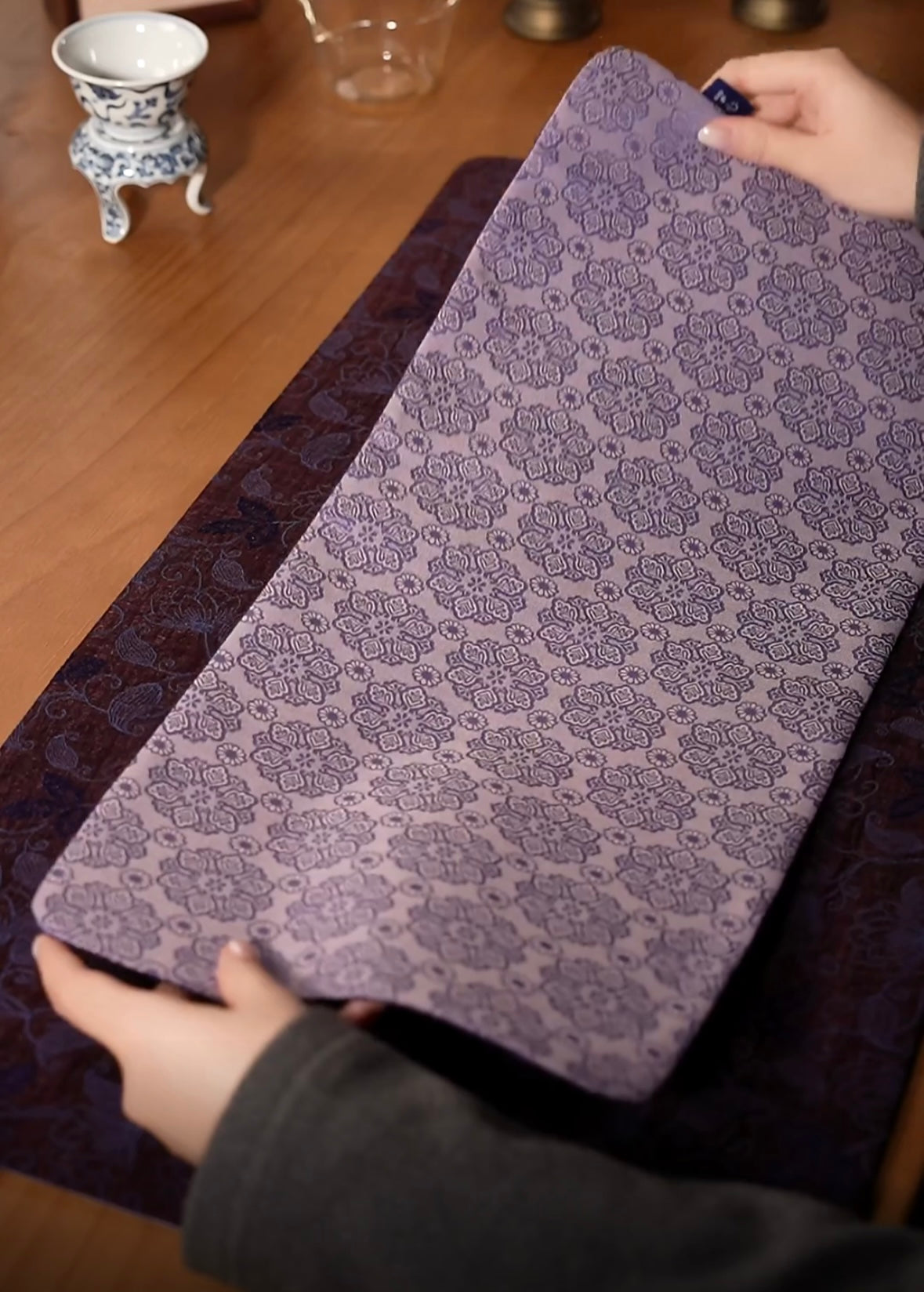 Handmade Chinese Original Purple Flower Broade Pattern Tea Table Cloth Chaxi Chabu Tea Accessory