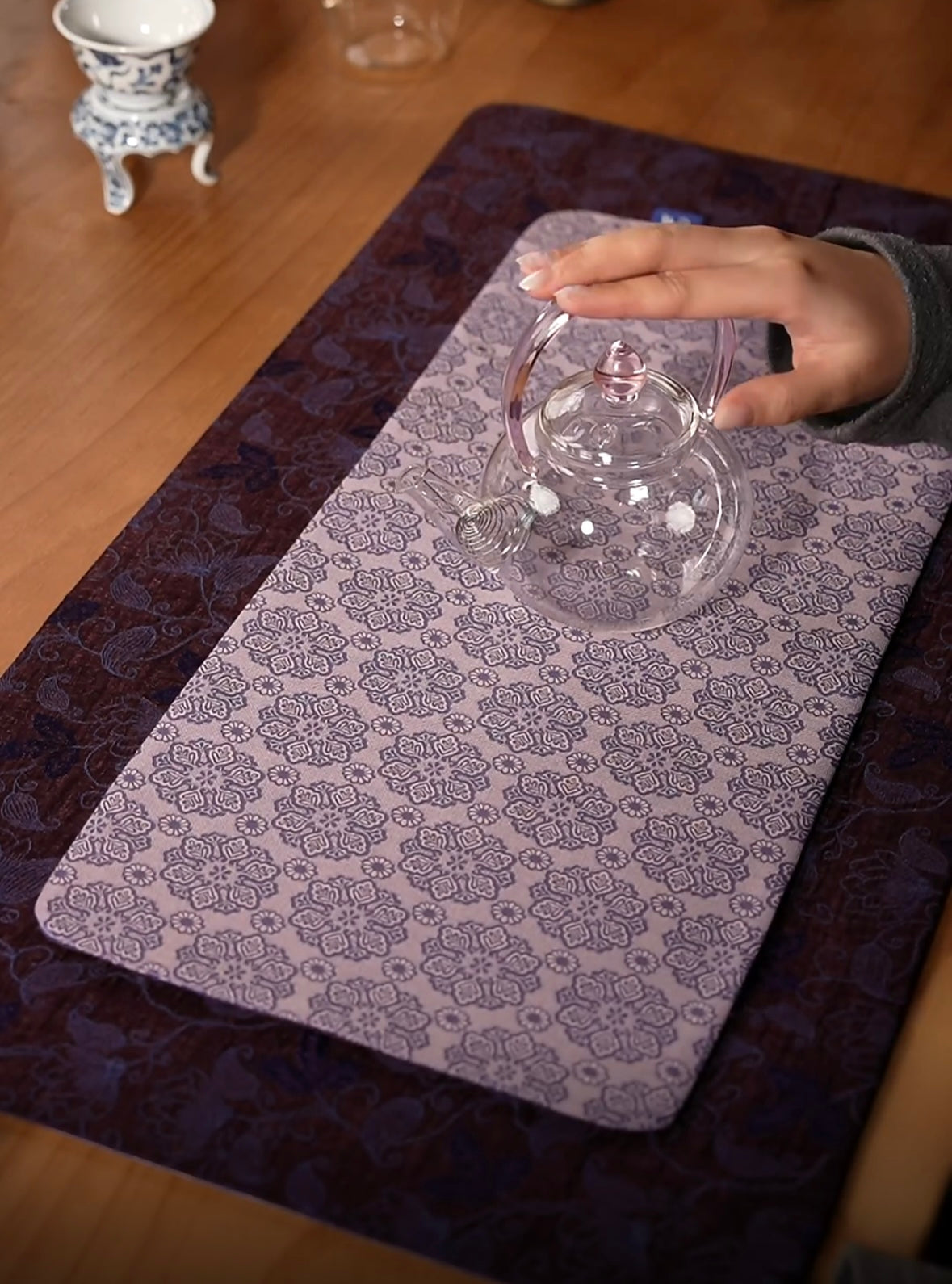 Handmade Chinese Original Purple Flower Broade Pattern Tea Table Cloth Chaxi Chabu Tea Accessory