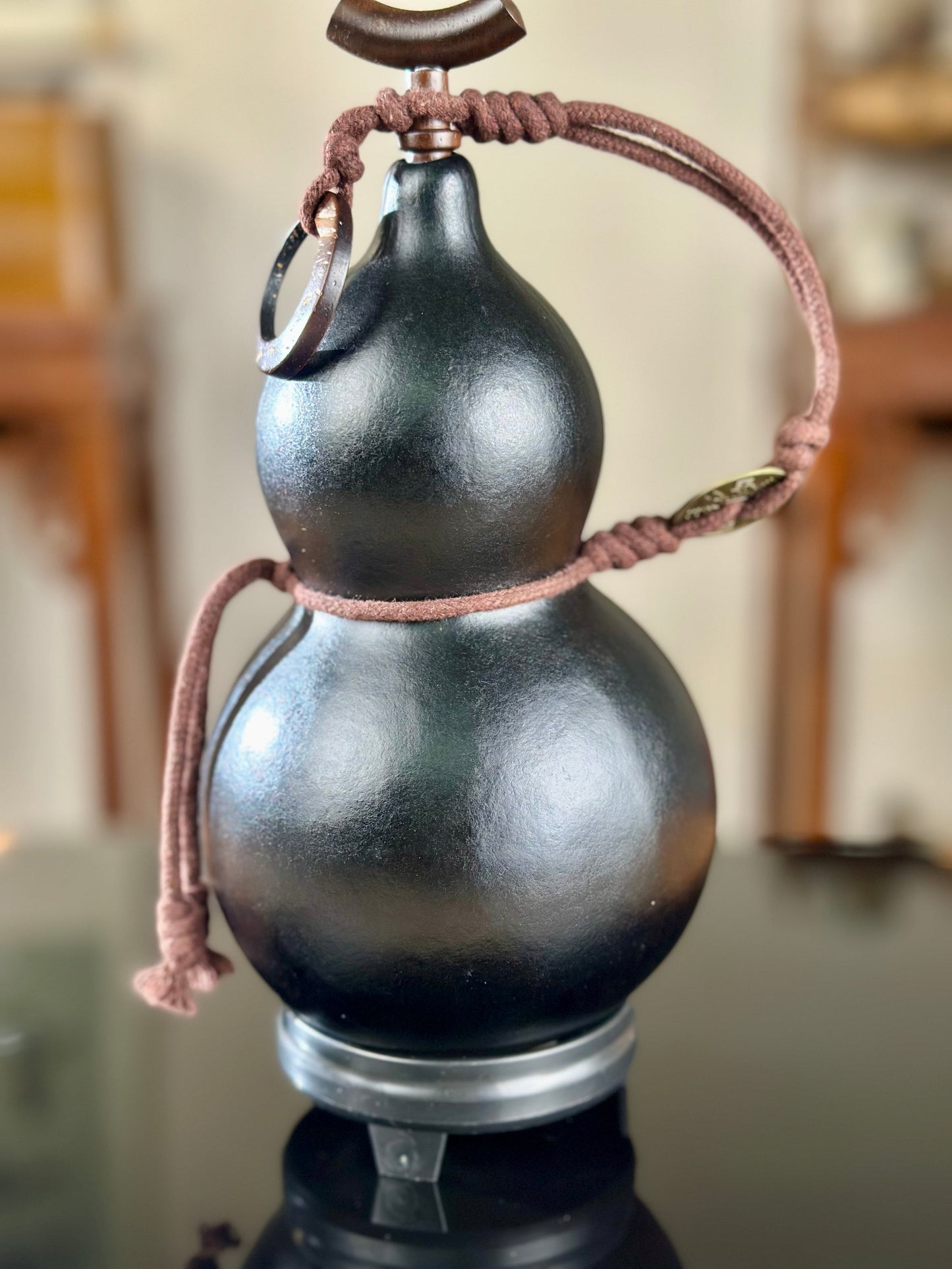 Hand dyed Fengshui Ornament Bright Black Chinese Lacquerware Hulu Natural Gourd Water Tea Container Classical Home Decor