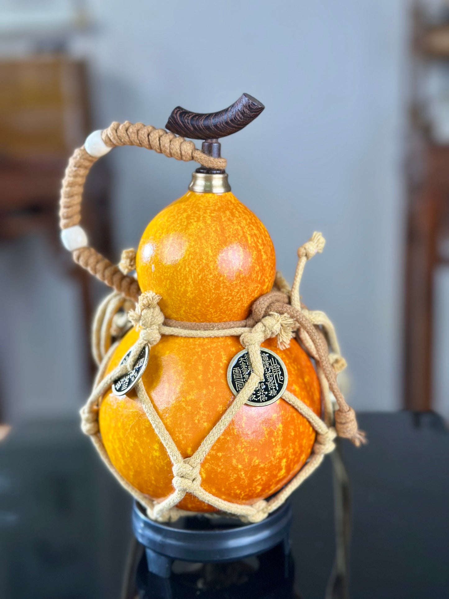 Hand dyed Fengshui Ornament Bright Orange Yellow Chinese Lacquerware Hulu Natural Gourd Water Tea Container Classical Home Decor