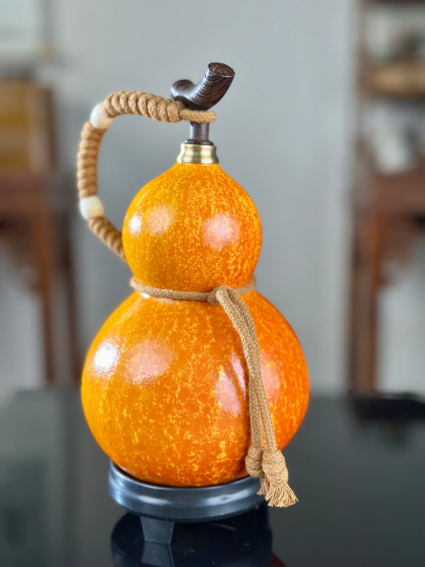 Hand dyed Fengshui Ornament Bright Orange Yellow Chinese Lacquerware Hulu Natural Gourd Water Tea Container Classical Home Decor