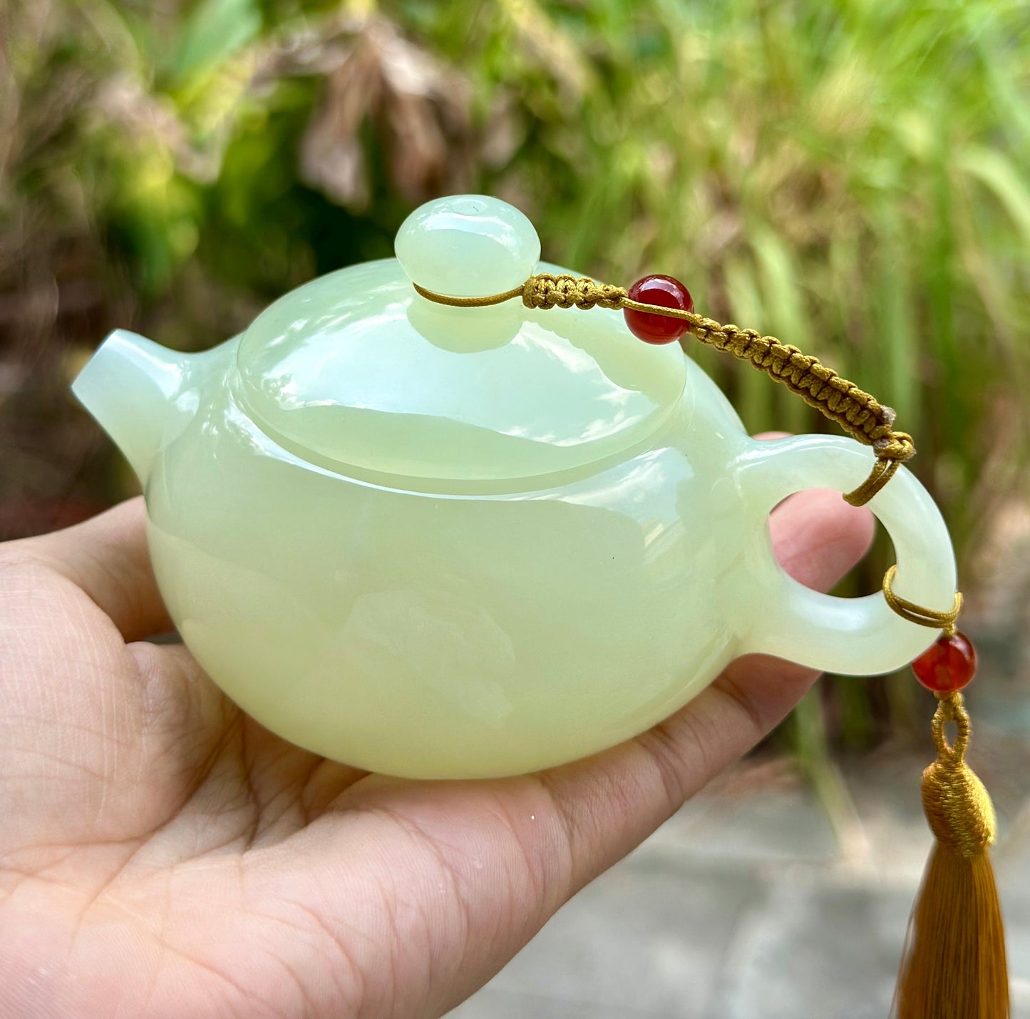 Handcrafted Chinese Xiuyu Authentic Jade Xishi Shape Teapot Unique Artwork Jade Teaware