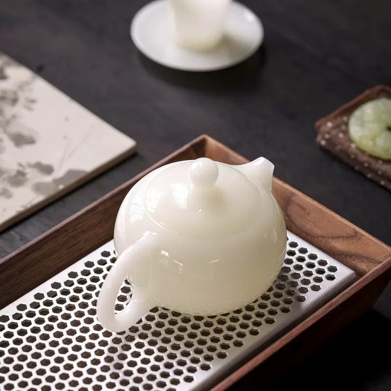 Handcrafted Chinese Yangzhiyu Ceramics  White Porcelain Teapot Artwork