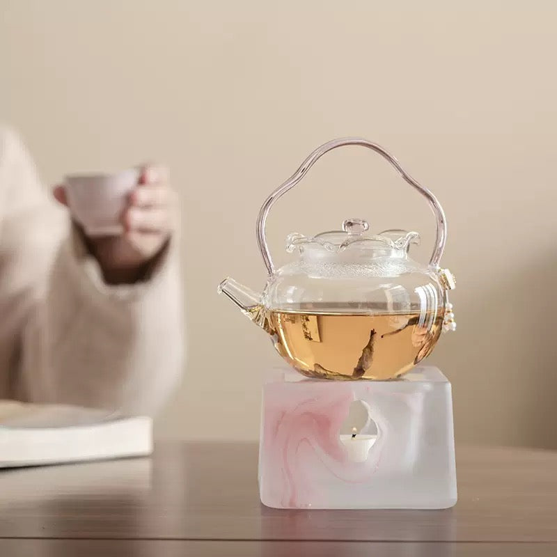 High Quality Flower Shape High Borosilicate Glass Teapot Kettle Mini Stove Set
