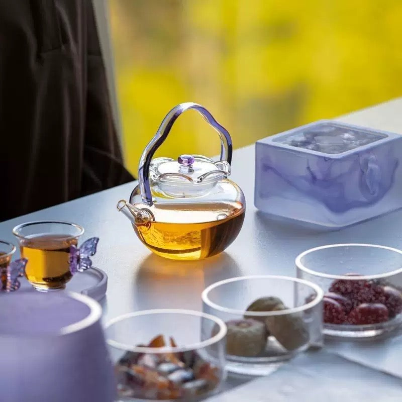 High Quality Flower Shape High Borosilicate Glass Teapot Kettle Mini Stove Set
