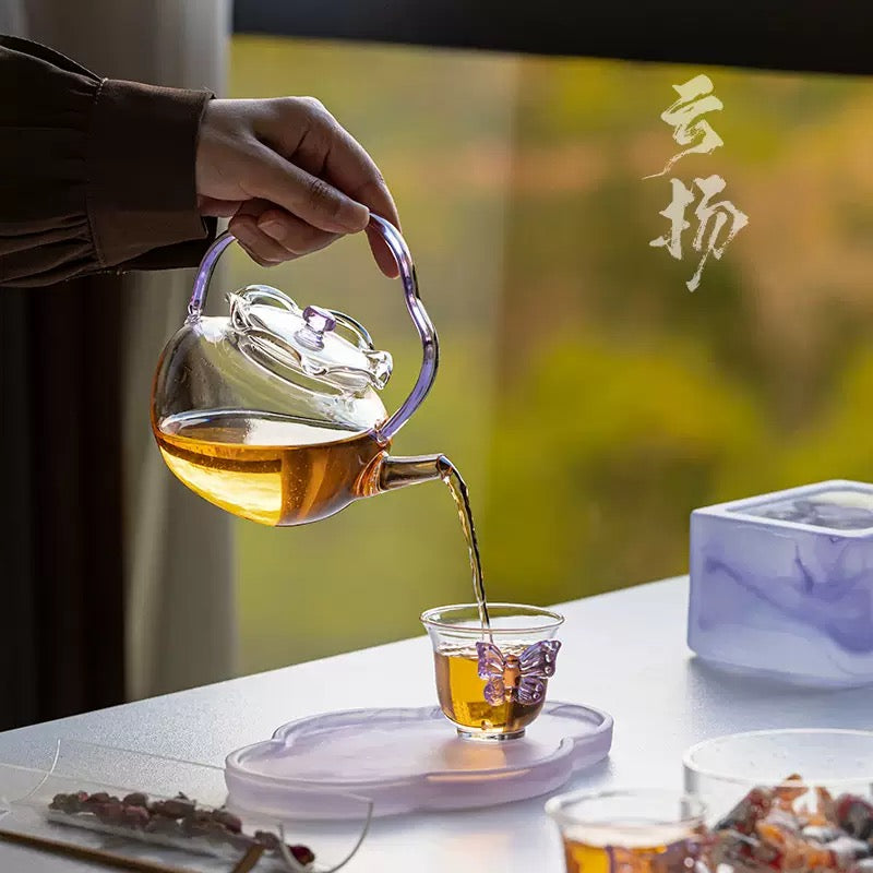 High Quality Flower Shape High Borosilicate Glass Teapot Kettle Mini Stove Set