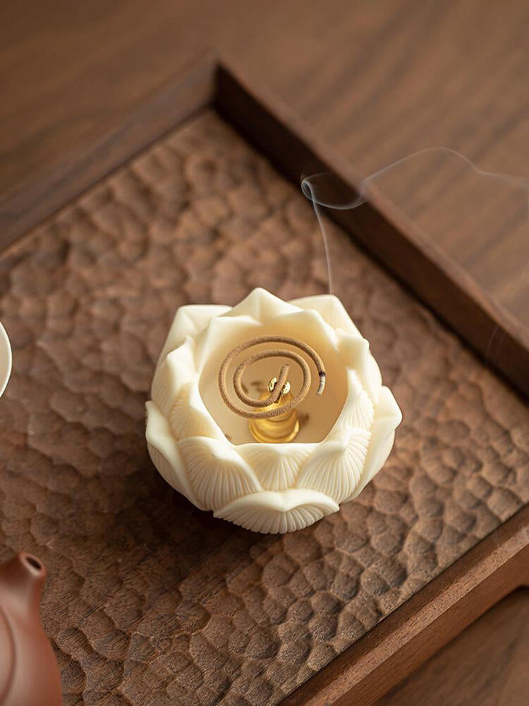 Hand Engraved Natural Tagua Bouddha Sculpture Lotus Shape Incense Holder Tea Pet